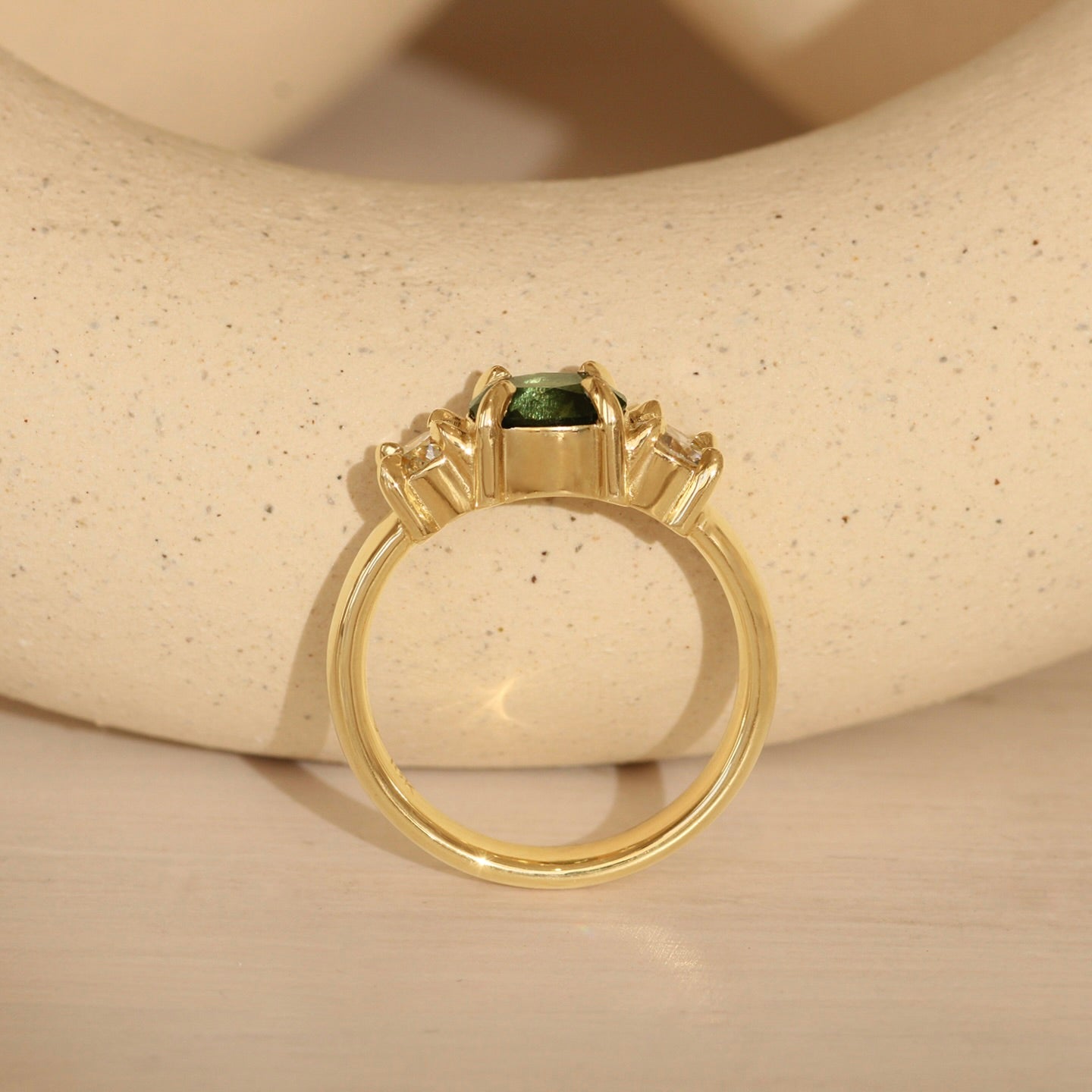 Ellipse Ring / Oval Green Yellow Sapphire + Old Mine Diamonds