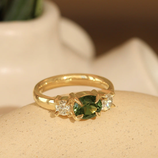 Ellipse Ring / Oval Green Yellow Sapphire + Old Mine Diamonds