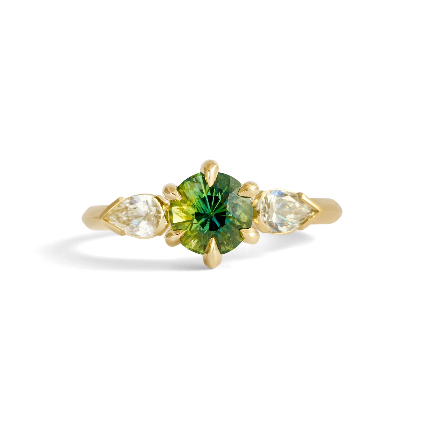 Bosc Ring / Green Yellow Round Sapphire + Pear Diamonds