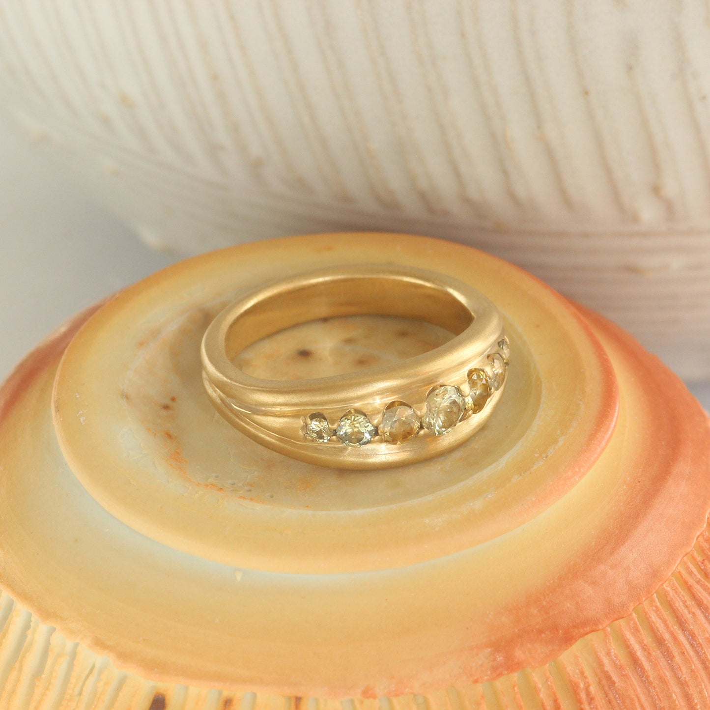 Cornice Ring / Tapered Wide + Round Pastel Sapphires by Goldpoint