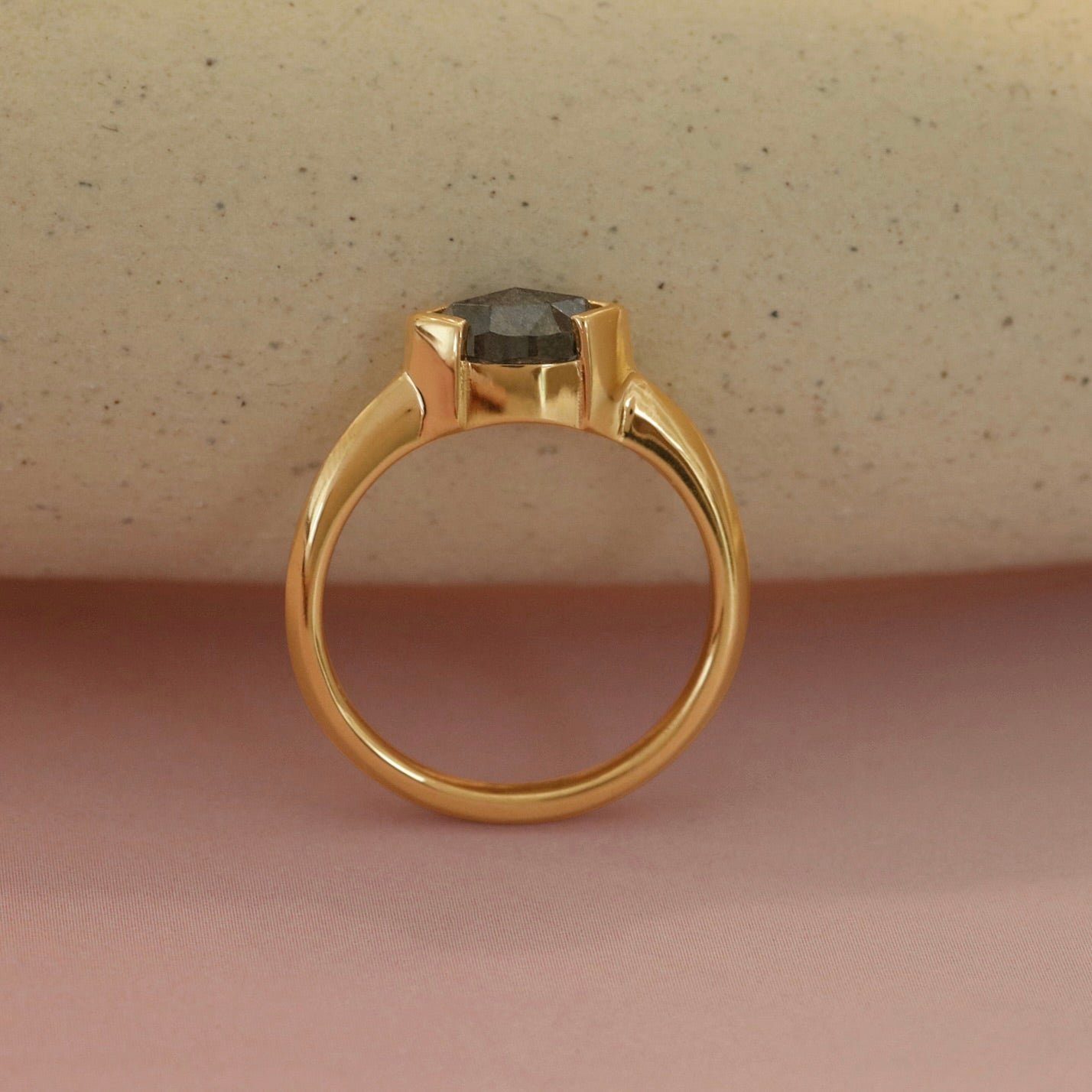 Lifestyle side profile view of Sideways Ring / Marquise Salt & Pepper Diamond + Yellow Gold