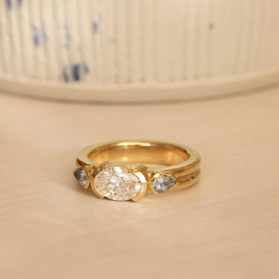 Duo Ring / Lab Oval Diamond + Pear Sapphires