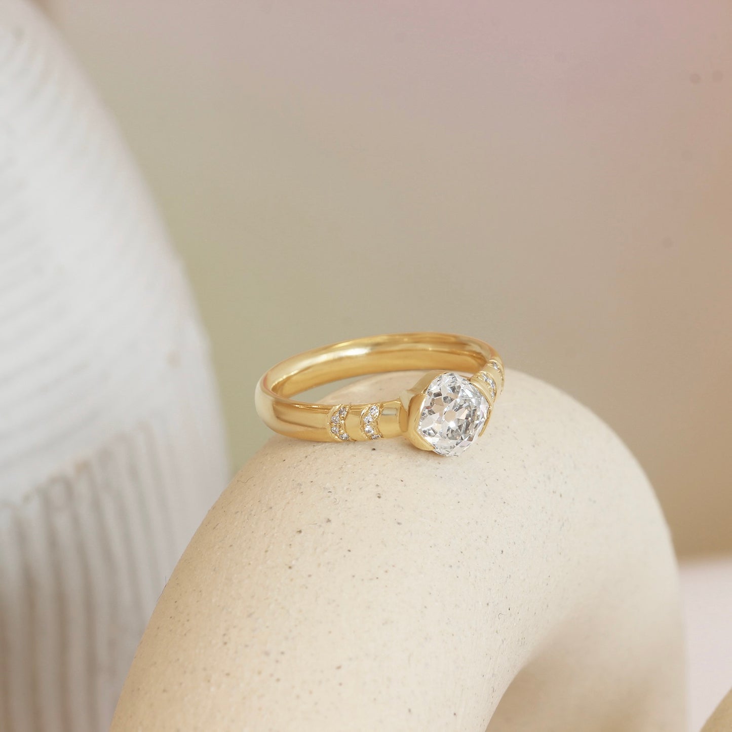 Lifestyle side view of Ellipse Disco Ring / Old Mine & Melee Diamonds by Goldpoint