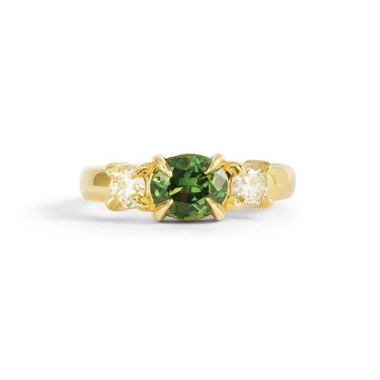 Ellipse Ring / Oval Green Yellow Sapphire + Old Mine Diamonds