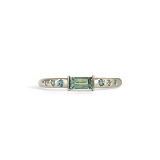 Ellipse Ring / Baguette Green Sapphire + Flush Blue Sapphires