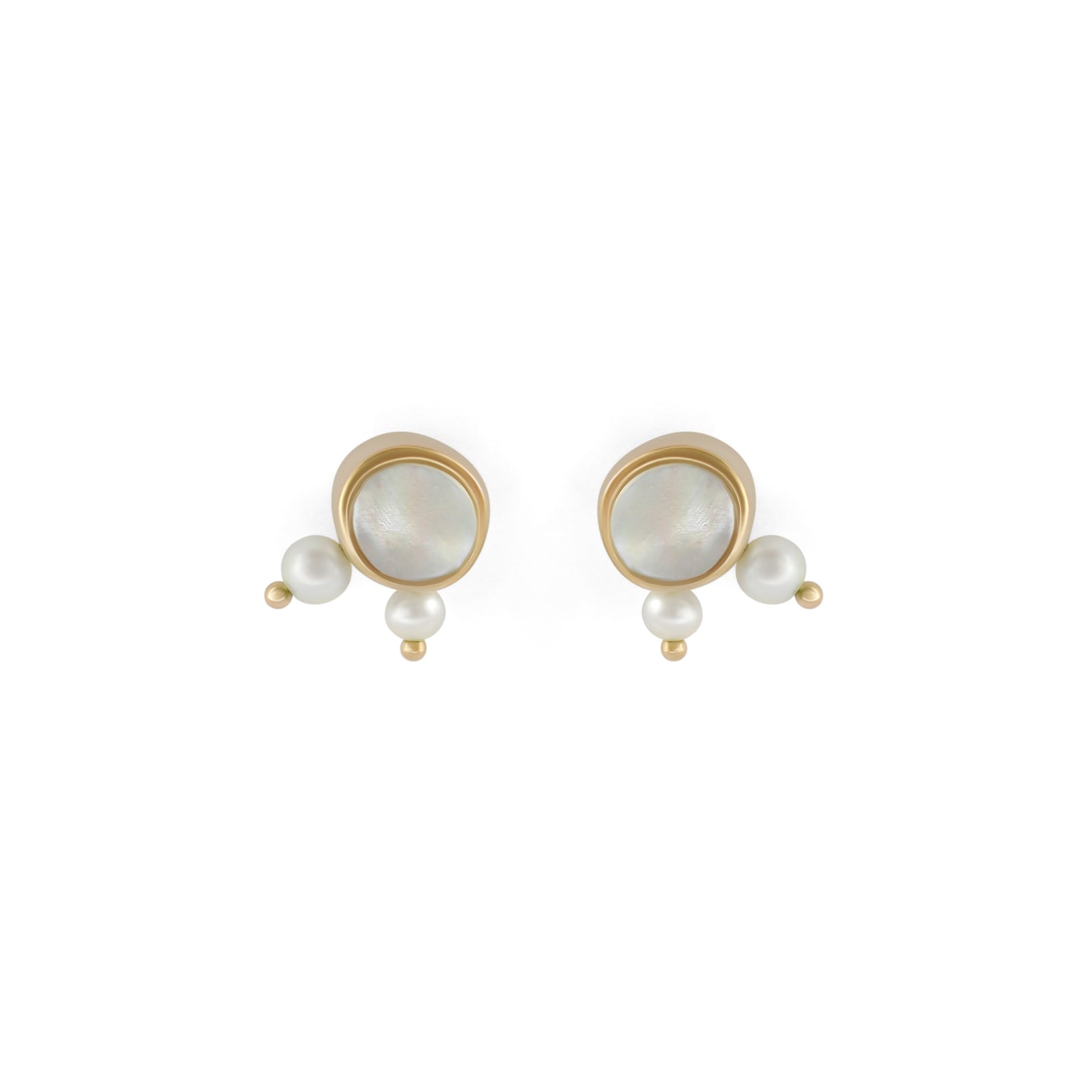 A pair of Amorphous circle shaped yellow gold earring with mother of pearl inlay and two round pearls.