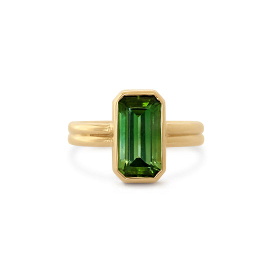 Front view of Duo Ring / Green Emerald Cut Tourmaline