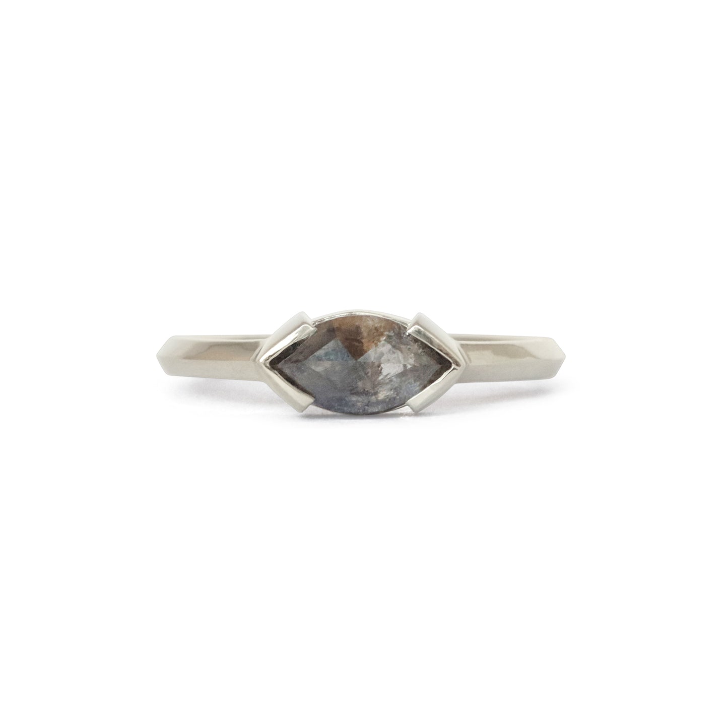 Front view of Sideways Ring / Marquise Salt & Pepper Diamond + White Gold